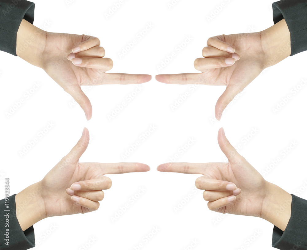 Closeup frame at the center by action of woman hand isolated on white background Closeup frame at the center by action of woman hand isolated on white background