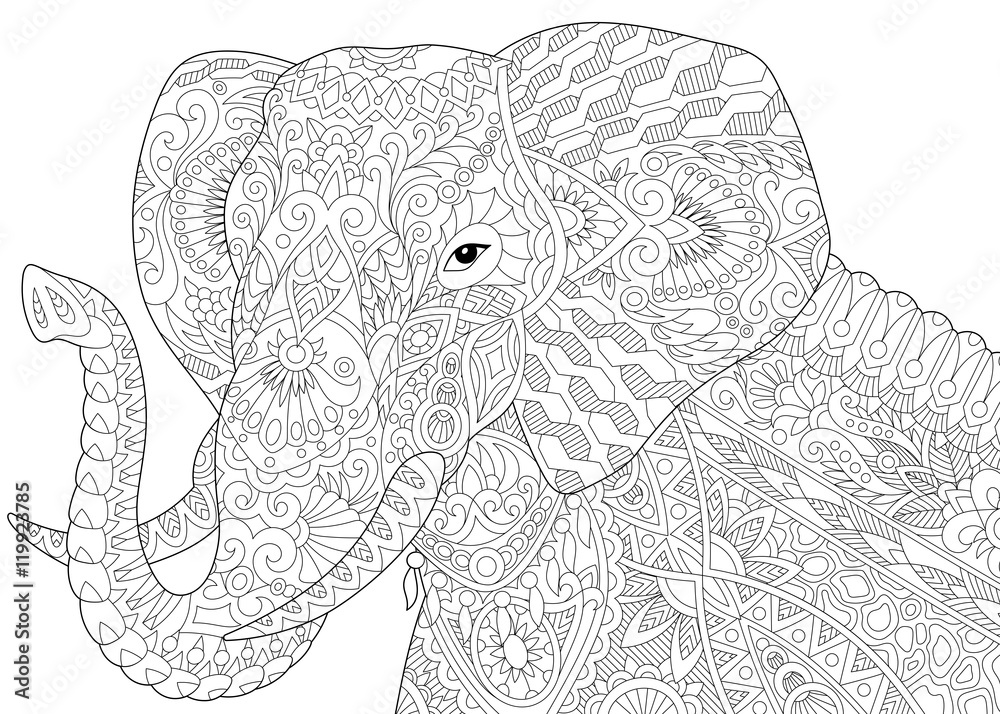 Fototapeta premium Stylized elephant, isolated on white background. Freehand sketch for adult anti stress coloring book page with doodle and zentangle elements.