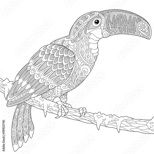 Stylized toucan, isolated on white background. Freehand sketch for adult anti stress coloring book page with doodle and zentangle elements.