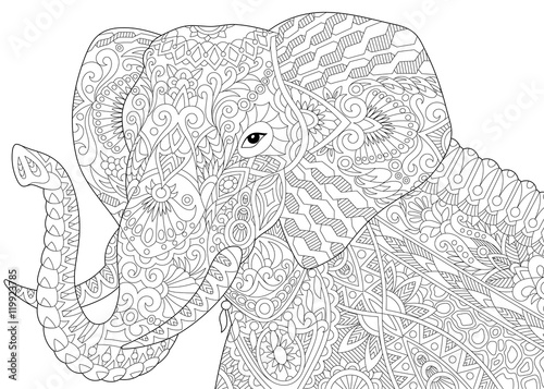 Fototapeta Naklejka Na Ścianę i Meble -  Stylized elephant, isolated on white background. Freehand sketch for adult anti stress coloring book page with doodle and zentangle elements.