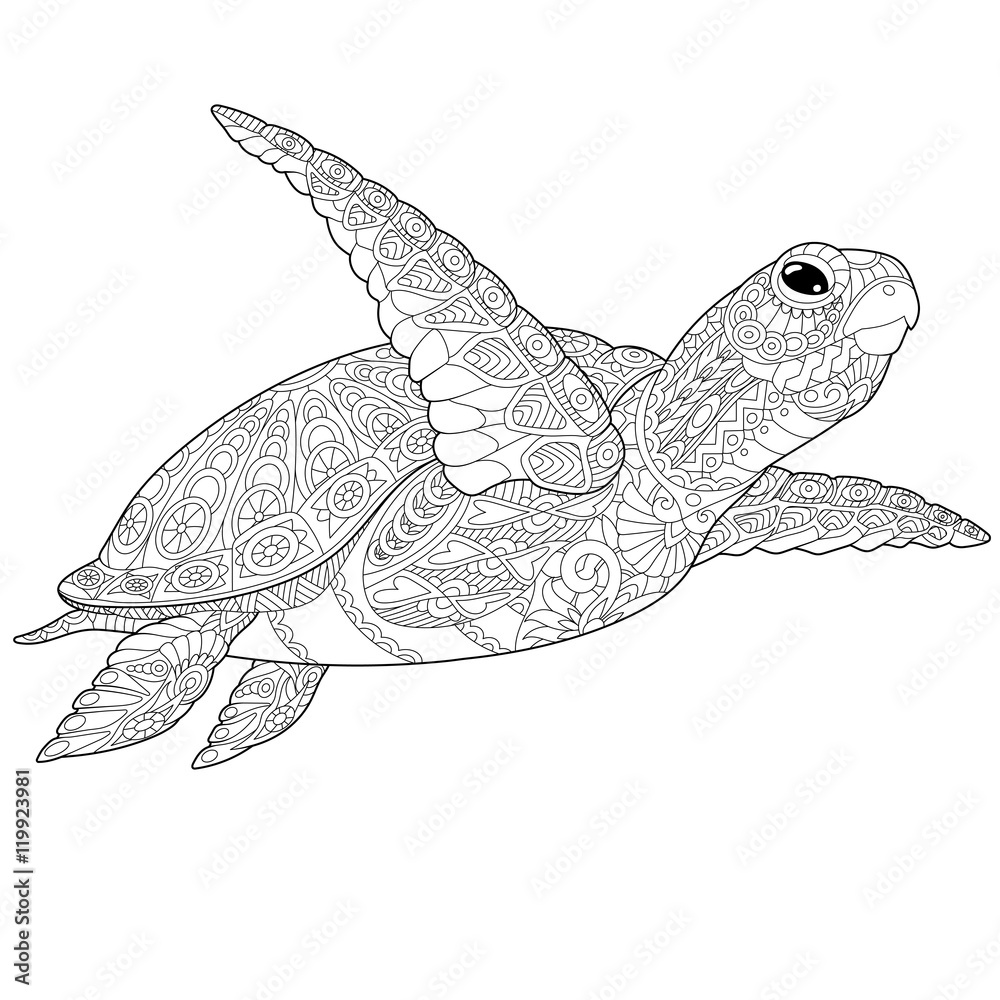 Naklejka premium Stylizowany żółw podwodny (żółw). Szkic odręczny dla dorosłych kolorowanki antystresowe z elementami doodle i zentangle.