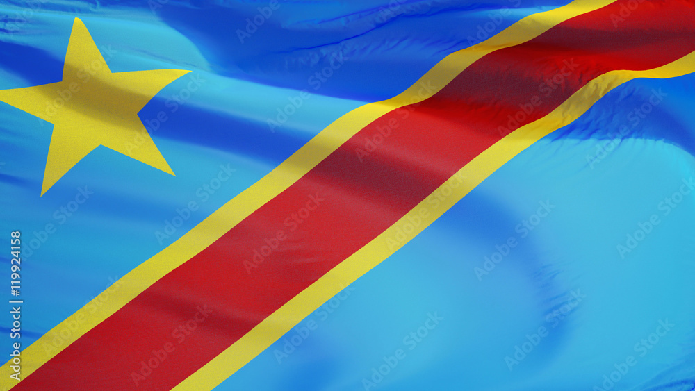 Democratic Republic of the Congo flag waving against clean sky, close up, isolated with clipping path mask alpha channel transparency, for film, news, digital composition Democratic Republic of the Congo flag waving against clean sky, close up, isolated with clipping path mask alpha channel transparency, for film, news, digital composition