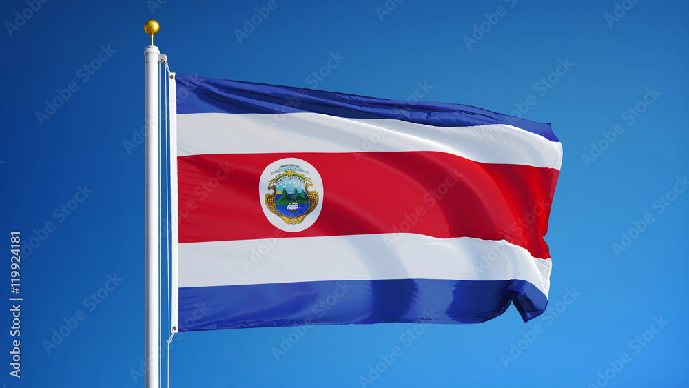 Costa Rica flag waving against clean blue sky, close up, isolated with clipping path mask alpha channel transparency Costa Rica flag waving against clean blue sky, close up, isolated with clipping path mask alpha channel transparency