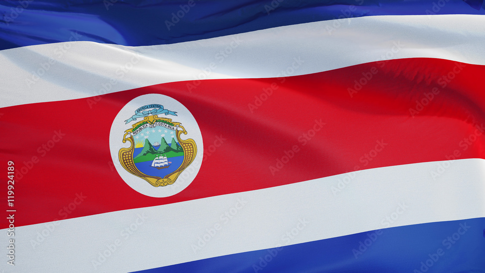 Costa Rica flag waving against clean blue sky, close up, isolated with clipping path mask alpha channel transparency Costa Rica flag waving against clean blue sky, close up, isolated with clipping path mask alpha channel transparency