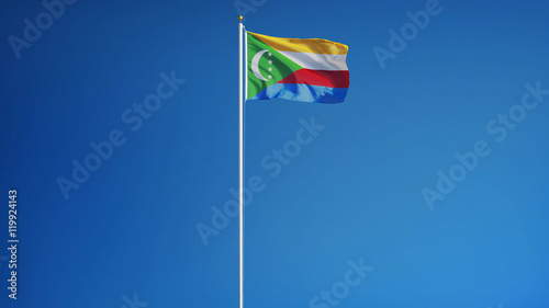 Comoros flag waving against clean blue sky, long shot, isolated with clipping path mask alpha channel transparency