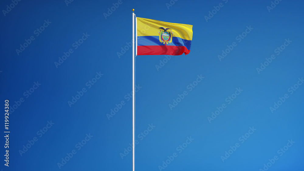 Ecuador flag waving against clean blue sky, long shot, isolated with clipping path mask alpha channel transparency Ecuador flag waving against clean blue sky, long shot, isolated with clipping path mask alpha channel transparency