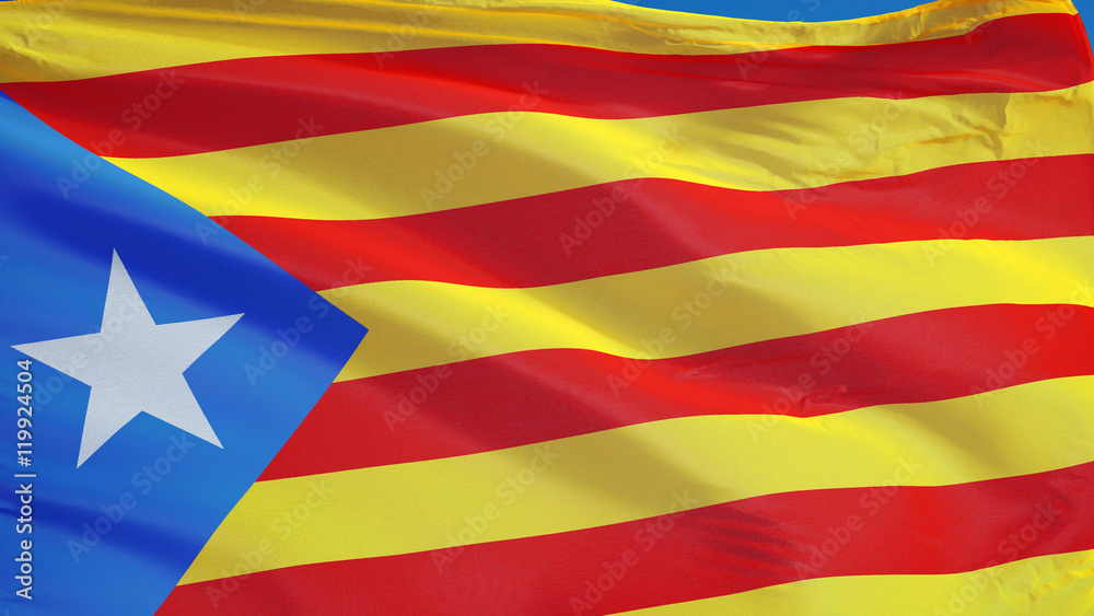 Estelada blava flag waving against clean blue sky, close up, isolated with clipping path mask alpha channel transparency