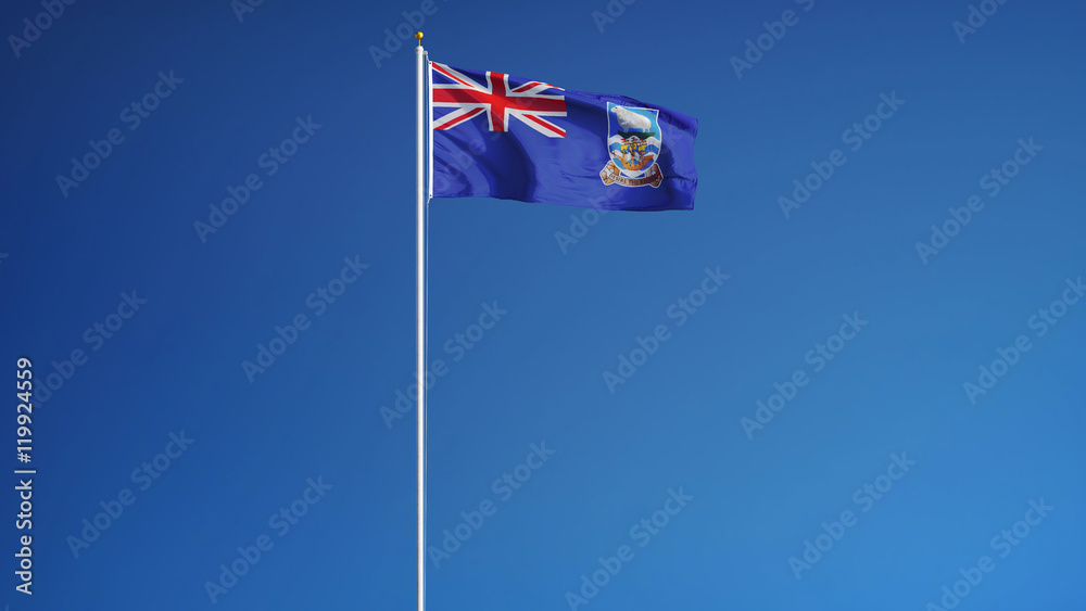 Falkland Islands flag waving against clean blue sky, long shot, isolated with clipping path mask alpha channel transparency Falkland Islands flag waving against clean blue sky, long shot, isolated with clipping path mask alpha channel transparency