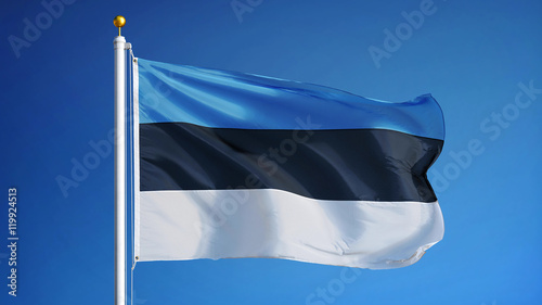 Estonia flag waving against clean blue sky, close up, isolated with clipping path mask alpha channel transparency