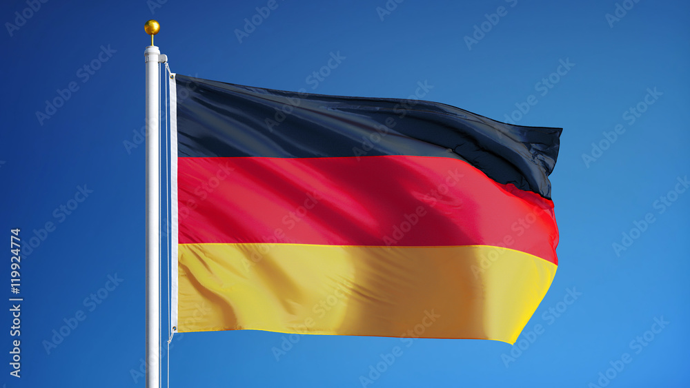 Germany flag waving against clean blue sky, close up, isolated with clipping path mask alpha channel transparency Germany flag waving against clean blue sky, close up, isolated with clipping path mask alpha channel transparency