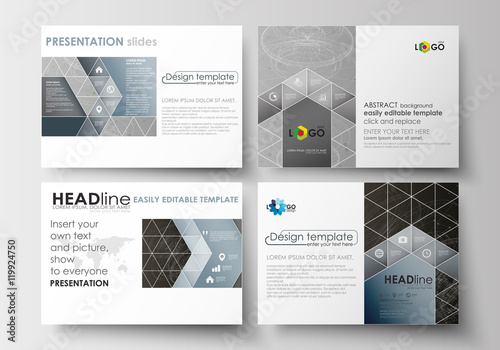 Set of business templates for presentation slides. Easy editable layouts in flat design. Abstract 3D construction and polygonal molecules on gray background, scientific technology vector.