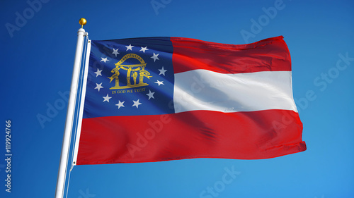 Georgia (U.S. state) flag waving against clean blue sky, close up, isolated with clipping path mask alpha channel transparency with black and white matte