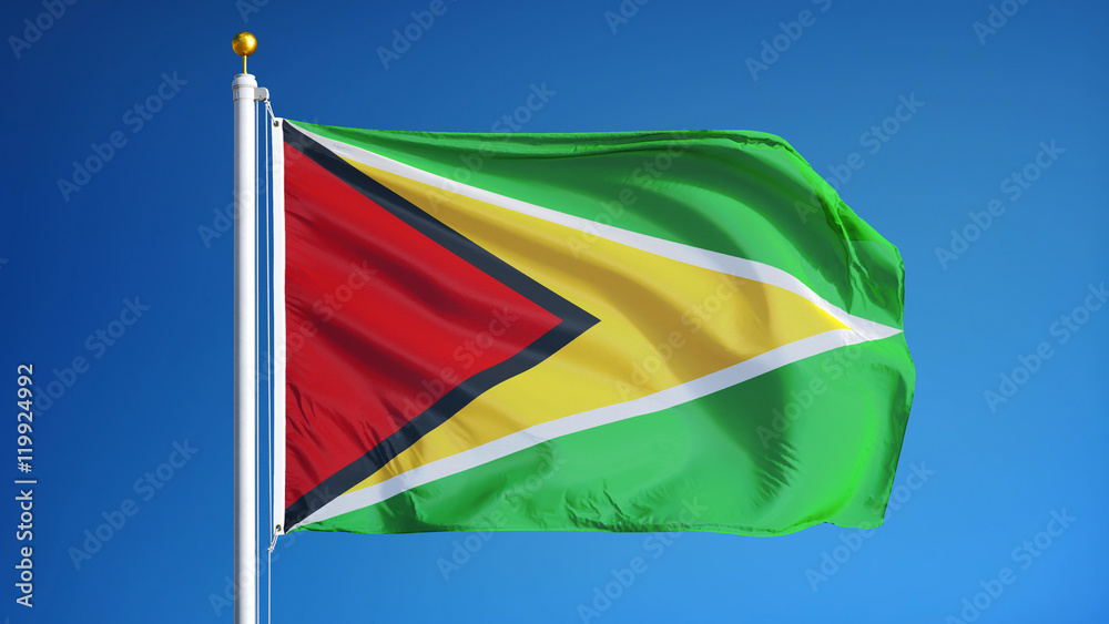 Guyana flag waving against clean blue sky, close up, isolated with clipping path mask alpha channel transparency Guyana flag waving against clean blue sky, close up, isolated with clipping path mask alpha channel transparency