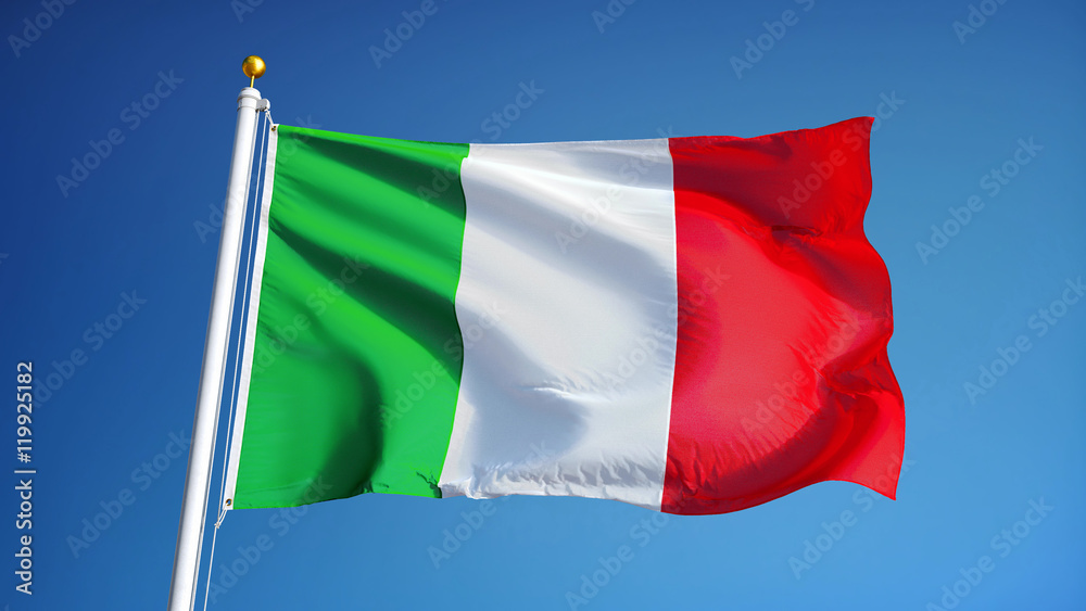 Naklejka premium Italy flag waving against clean blue sky, close up, isolated with clipping path mask alpha channel transparency