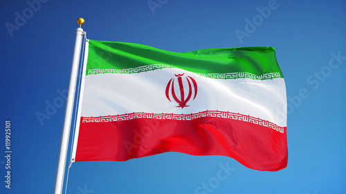 Iran flag waving against clean blue sky, seamlessly looped close up, isolated with clipping path mask alpha channel transparency