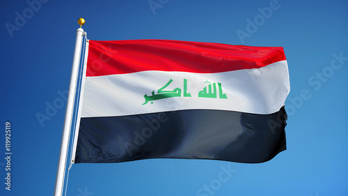 Iraq flag waving against clean blue sky, close up, isolated with clipping path mask alpha channel transparency