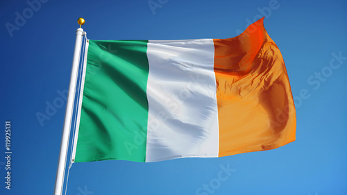 Fotografie Ireland flag waving against clean blue sky, close up, isolated with clipping pat
