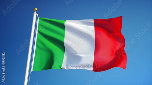 Italy flag waving against clean blue sky, close up, isolated with clipping path mask alpha channel transparency