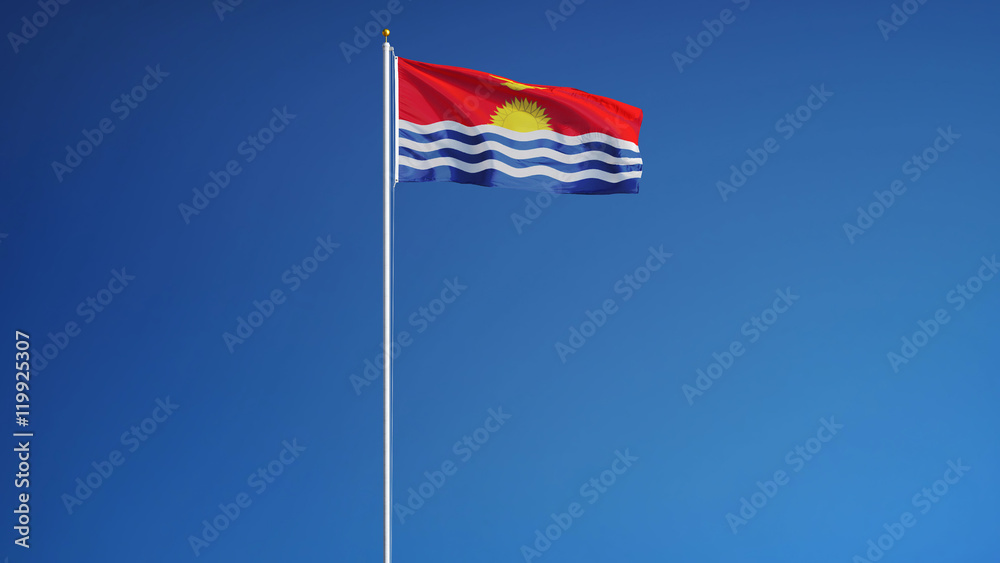 Kiribati flag waving against clean blue sky, long shot, isolated with clipping path mask alpha channel transparency
