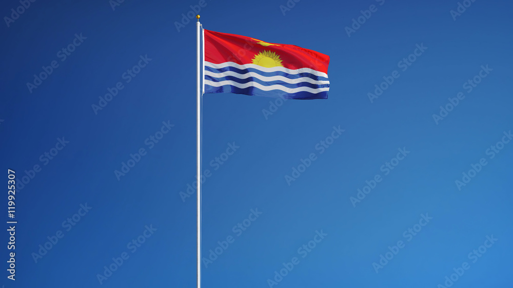 Kiribati flag waving against clean blue sky, long shot, isolated with clipping path mask alpha channel transparency Kiribati flag waving against clean blue sky, long shot, isolated with clipping path mask alpha channel transparency