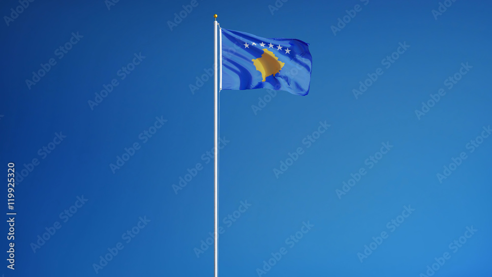 Kosovo flag waving against clean blue sky, long shot, isolated with clipping path mask alpha channel transparency Kosovo flag waving against clean blue sky, long shot, isolated with clipping path mask alpha channel transparency