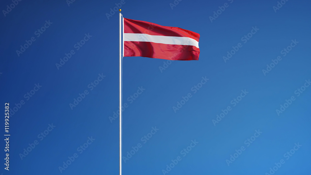 Latvia flag waving against clean blue sky, long shot, isolated with clipping path mask alpha channel transparency
