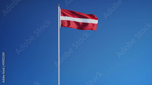 Latvia flag waving against clean blue sky, long shot, isolated with clipping path mask alpha channel transparency