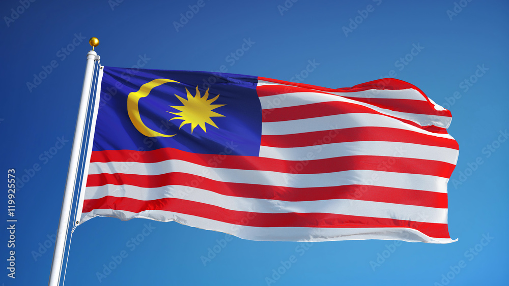 Naklejka premium Malaysia flag waving against clean blue sky, close up, isolated with clipping path mask alpha channel transparency