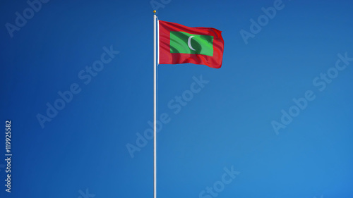 Maldives flag waving against clean blue sky, long shot, isolated with clipping path mask alpha channel transparency