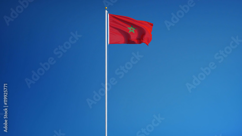 Morocco flag waving against clean blue sky, long shot, isolated with clipping path mask alpha channel transparency