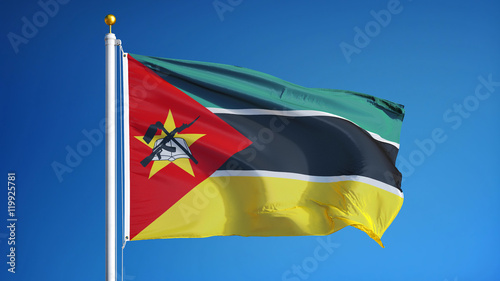 Mozambique flag waving against clean blue sky, close up, isolated with clipping path mask alpha channel transparency