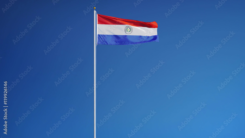 Paraguay flag waving against clean blue sky, long shot, isolated with clipping path mask alpha channel transparency Paraguay flag waving against clean blue sky, long shot, isolated with clipping path mask alpha channel transparency