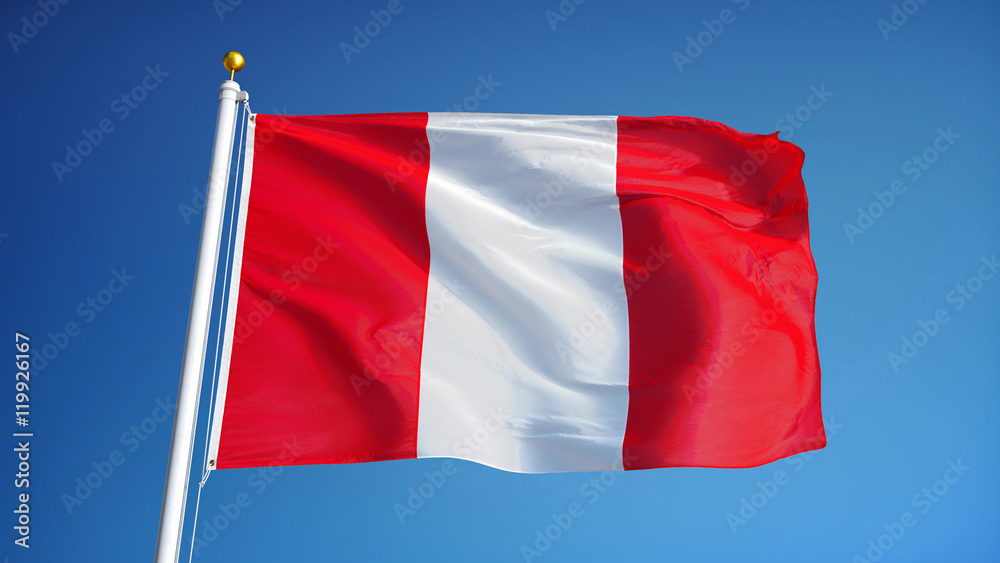 Naklejka premium Peru flag waving against clean blue sky, close up, isolated with clipping path mask alpha channel transparency
