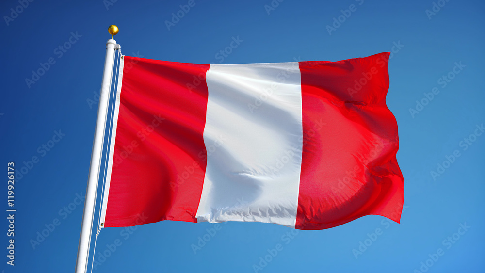 Naklejka premium Peru flag waving against clean blue sky, close up, isolated with clipping path mask alpha channel transparency