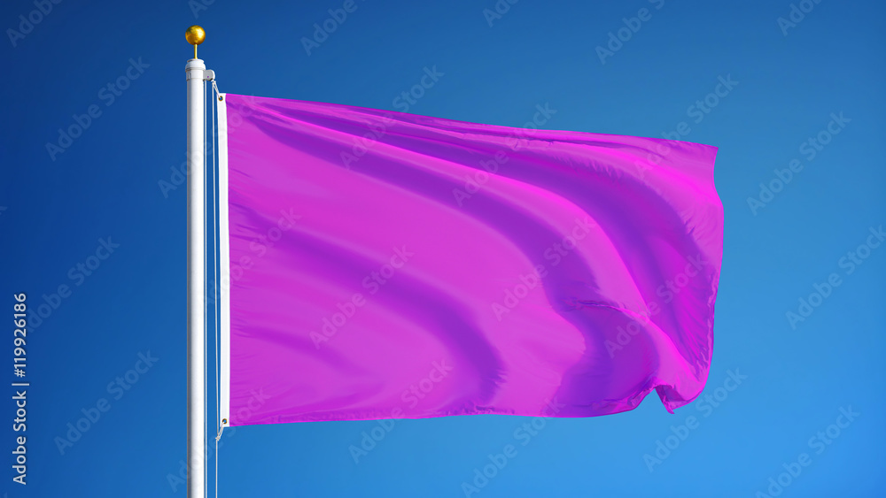 Bright pink flag waving against clean blue sky, close up, isolated with clipping path mask alpha channel transparency