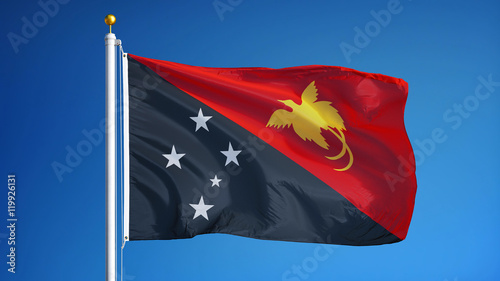 Papua New Guinea flag waving against clean blue sky, close up, isolated with clipping path mask alpha channel transparency