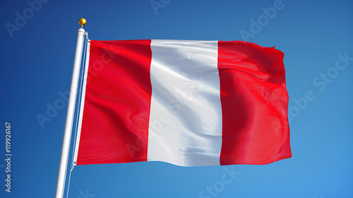 Peru flag waving against clean blue sky, close up, isolated with clipping path mask alpha channel transparency
