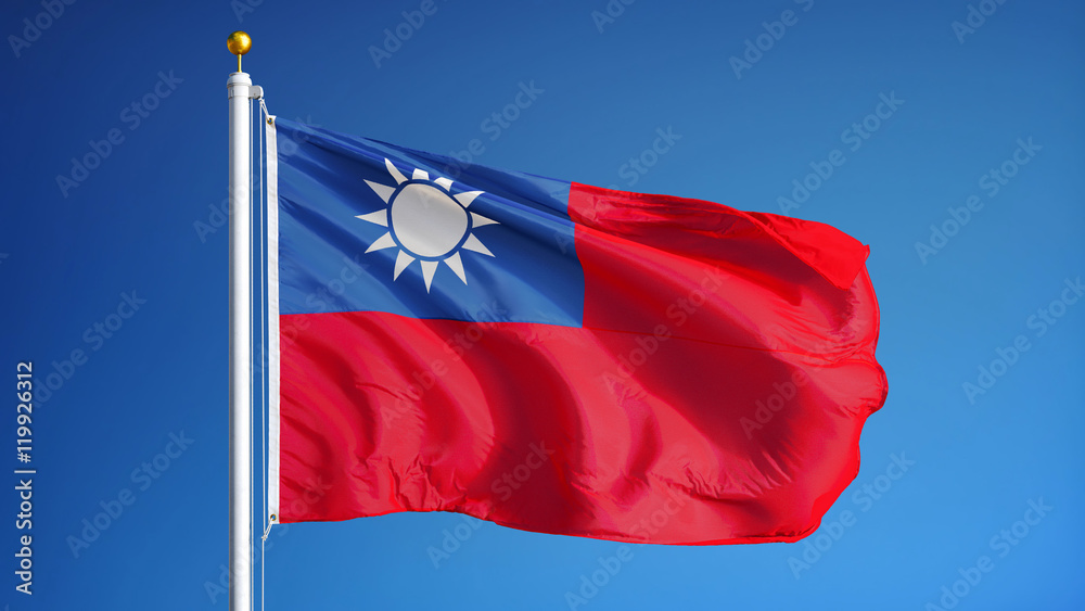 Naklejka premium Republic of China flag waving against clean blue sky, close up, isolated with clipping path mask alpha channel transparency