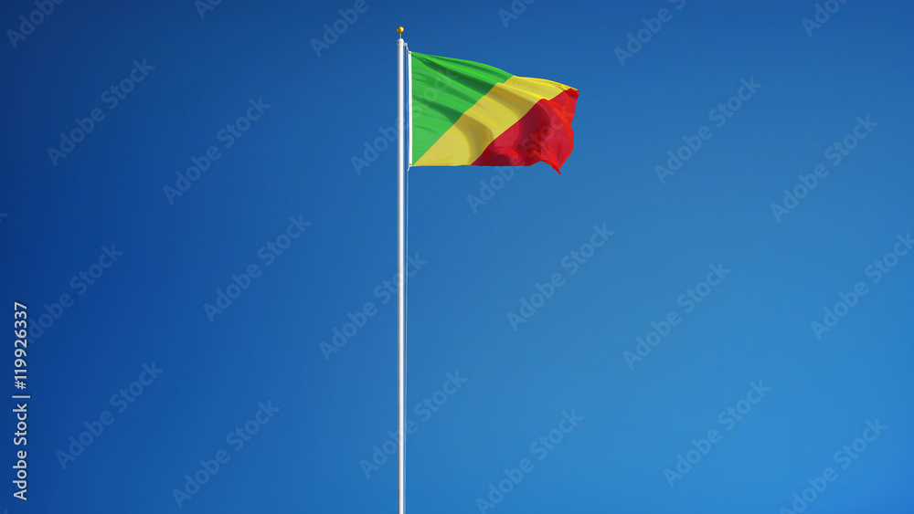 Republic of the Congo flag waving against clean blue sky, long shot, isolated with clipping path mask alpha channel transparency Republic of the Congo flag waving against clean blue sky, long shot, isolated with clipping path mask alpha channel transparency