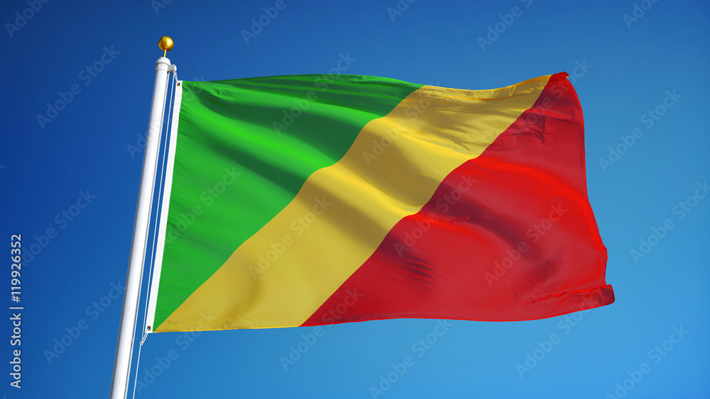 Republic of the Congo flag waving against clean blue sky, close up, isolated with clipping path mask alpha channel transparency Republic of the Congo flag waving against clean blue sky, close up, isolated with clipping path mask alpha channel transparency