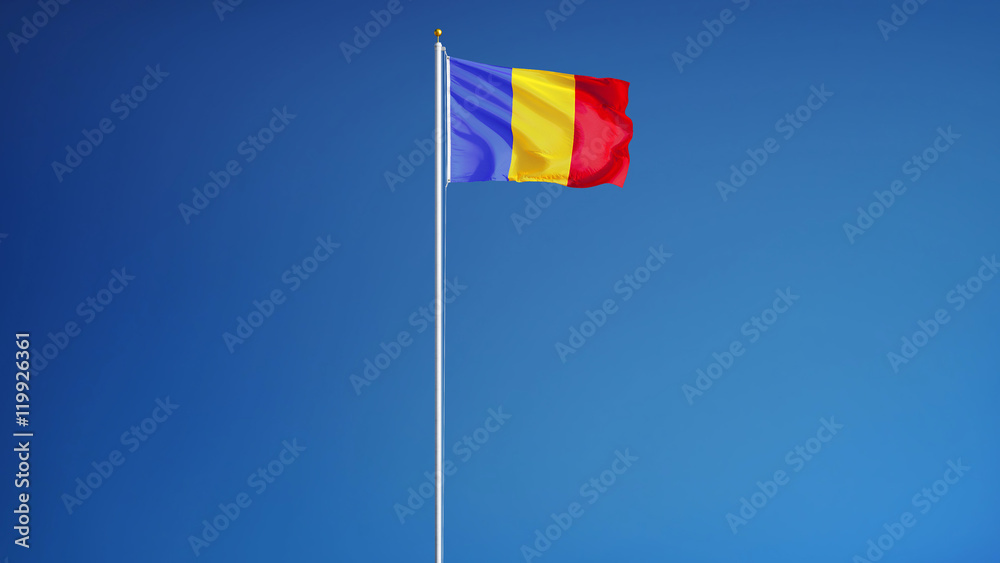Romania flag waving against clean blue sky, long shot, isolated with clipping path mask alpha channel transparency Romania flag waving against clean blue sky, long shot, isolated with clipping path mask alpha channel transparency