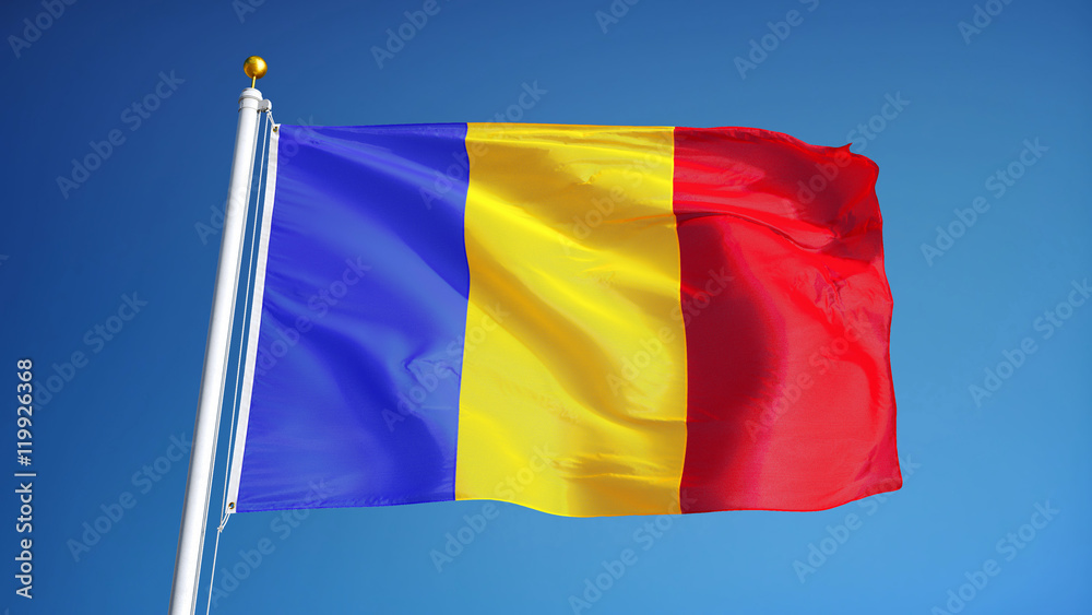Romania flag waving against clean blue sky, close up, isolated with clipping path mask alpha channel transparency Romania flag waving against clean blue sky, close up, isolated with clipping path mask alpha channel transparency