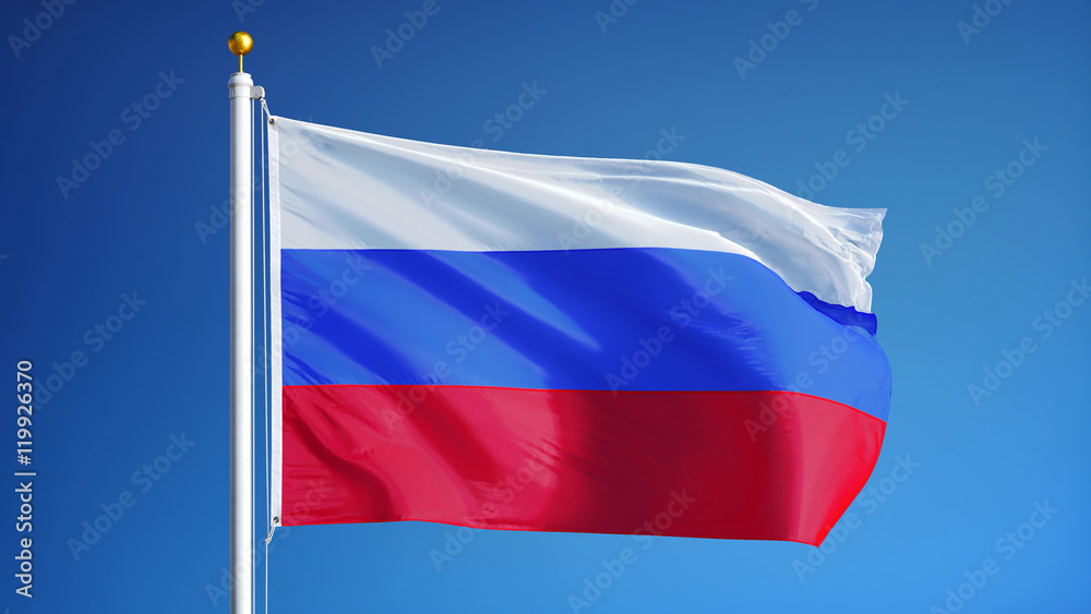 Russia flag waving against clean blue sky, close up, isolated with clipping path mask alpha channel transparency Russia flag waving against clean blue sky, close up, isolated with clipping path mask alpha channel transparency