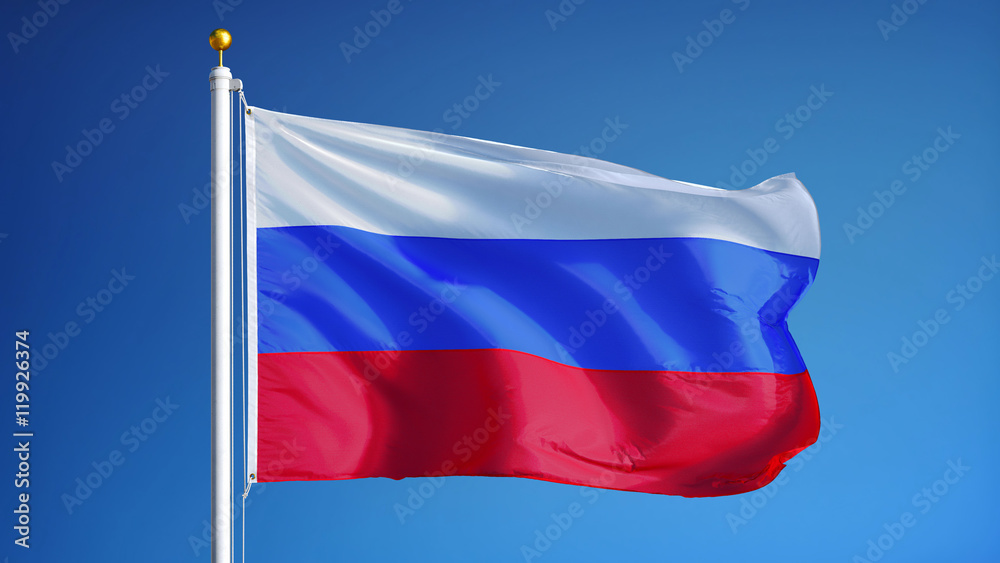 Russia flag waving against clean blue sky, close up, isolated with clipping path mask alpha channel transparency Russia flag waving against clean blue sky, close up, isolated with clipping path mask alpha channel transparency