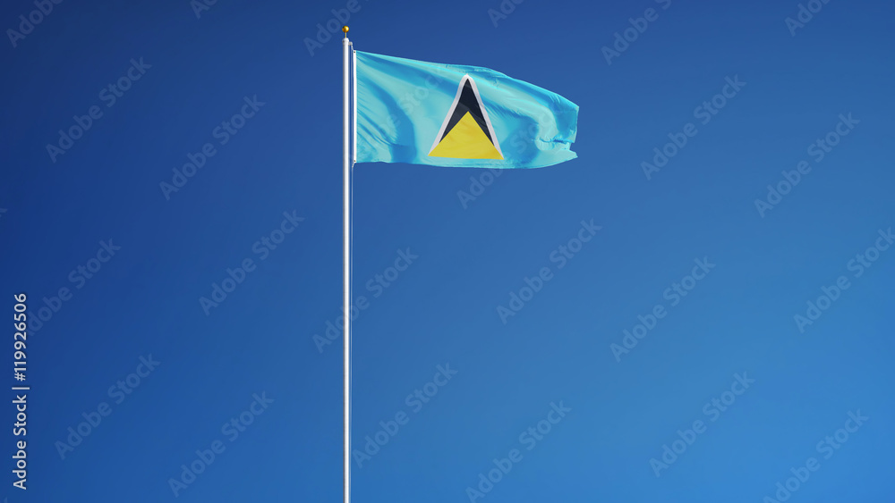 Saint Lucia flag waving against clean blue sky, long shot, isolated with clipping path mask alpha channel transparency