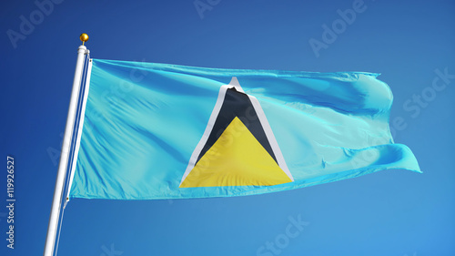 Saint Lucia flag waving against clean blue sky, close up, isolated with clipping path mask alpha channel transparency photo