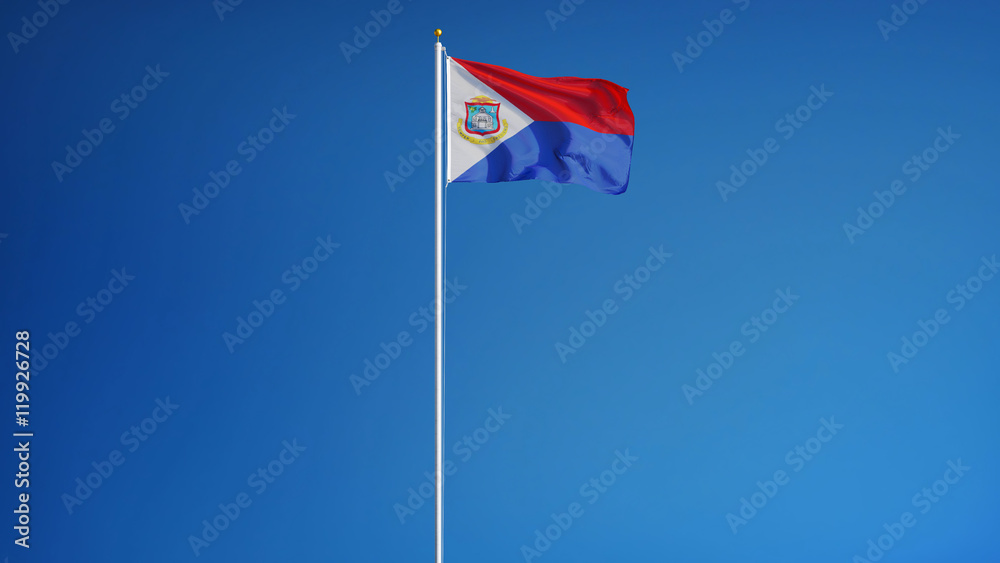 Sint Maarten flag waving against clean blue sky, long shot, isolated with clipping path mask alpha channel transparency