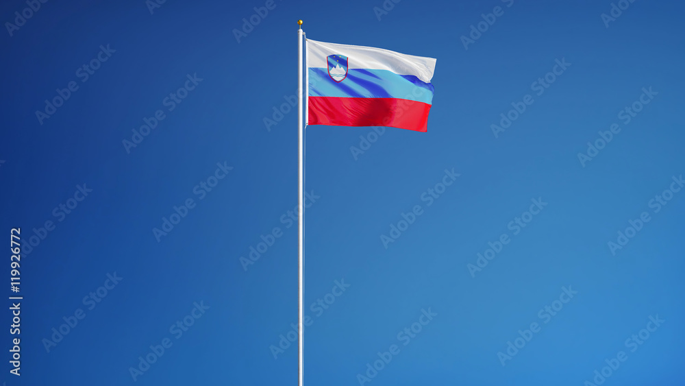 Slovenia flag waving against clean blue sky, long shot, isolated with clipping path mask alpha channel transparency