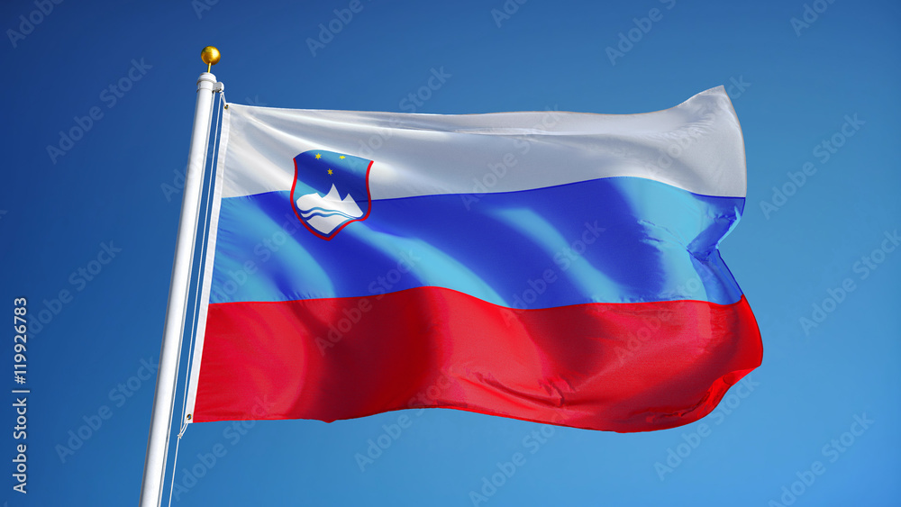 Slovenia flag waving against clean blue sky, close up, isolated with clipping path mask alpha channel transparency Slovenia flag waving against clean blue sky, close up, isolated with clipping path mask alpha channel transparency