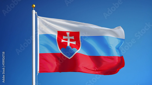 Photography Slovakia flag waving against clean blue sky, close up, isolated with clipping pa